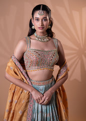 Teal Blue Embroidered Pleated Lehenga Set