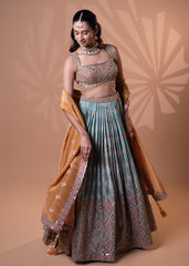 Teal Blue Embroidered Pleated Lehenga Set