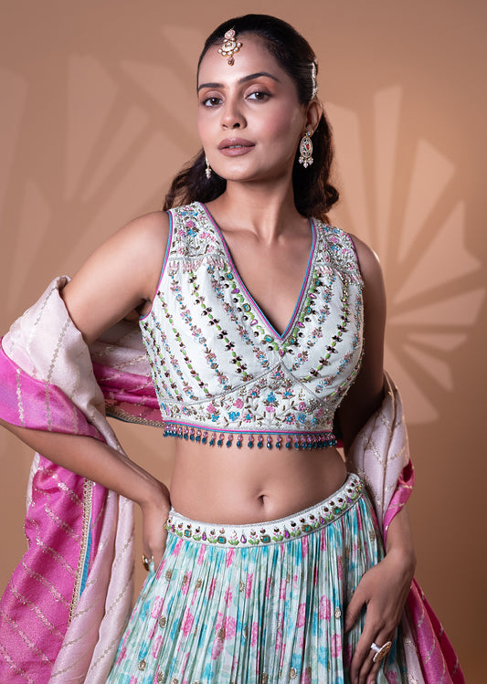 Aqua Blue Printed Embroidered Lehenga Set
