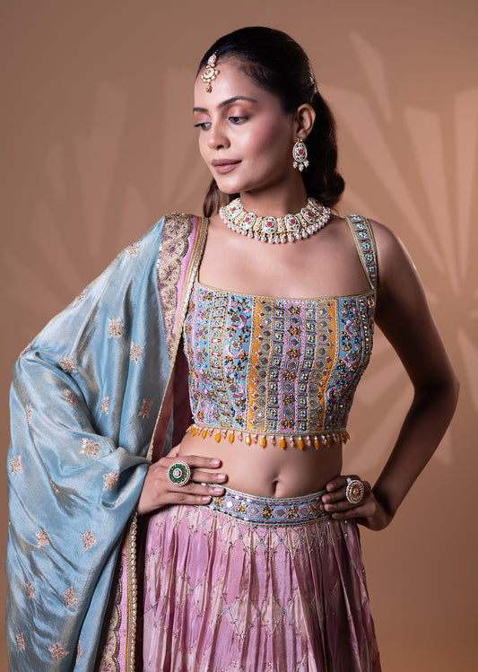 Mauve Pink Embroidered Lehenga Set with Powder Blue Dupatta