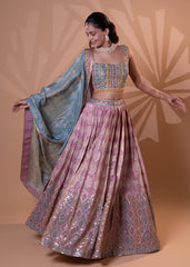 Mauve Pink Embroidered Lehenga Set with Powder Blue Dupatta