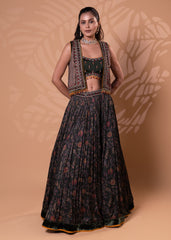Olive Green Printed Lehenga Set with Embroidered Jacket