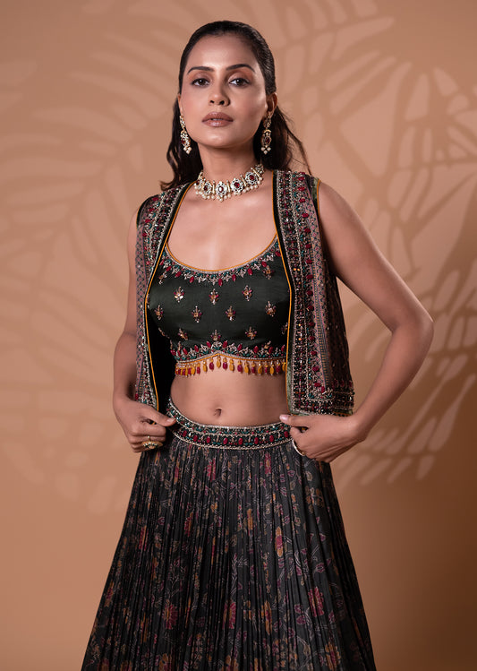 Olive Green Printed Lehenga Set with Embroidered Jacket