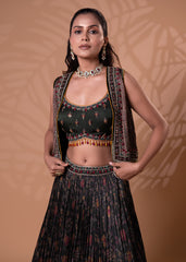 Olive Green Printed Lehenga Set with Embroidered Jacket