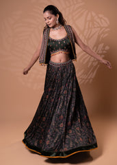 Olive Green Printed Lehenga Set with Embroidered Jacket