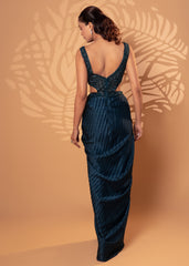 Teal Blue Satin Drape Gown with Bead & Sequin Detailing
