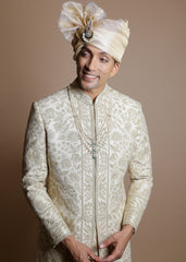 Golden Splendor Sherwani Set with Kurta & Dupatta