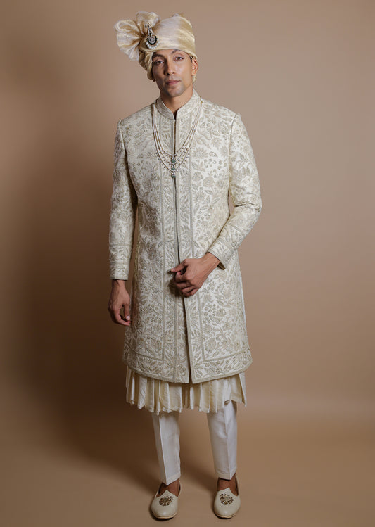 Golden Splendor Sherwani Set with Kurta & Dupatta