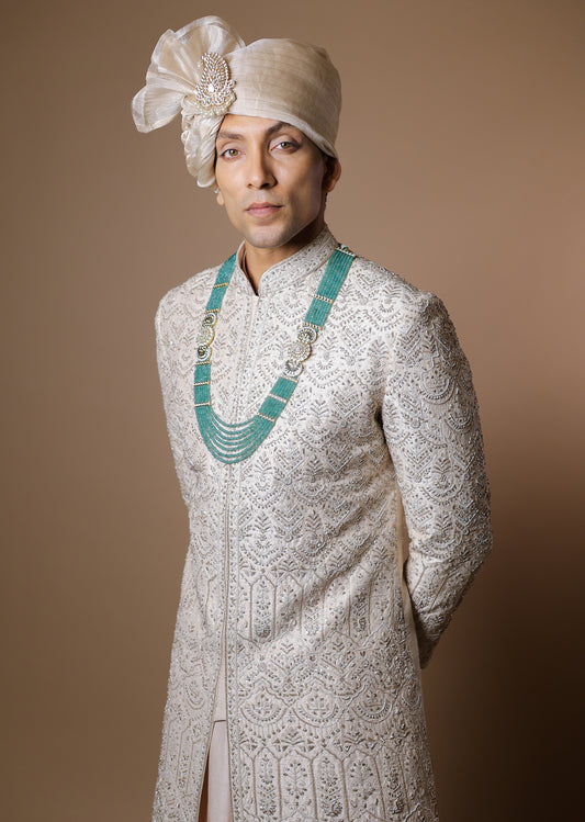 Peach Blossom Sherwani Set with Kurta & Dupatta