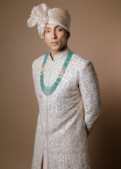 Peach Blossom Sherwani Set with Kurta & Dupatta