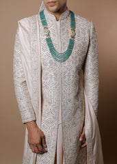 Peach Blossom Sherwani Set with Kurta & Dupatta