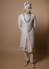 Peach Blossom Sherwani Set with Kurta & Dupatta