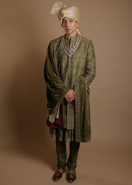 Mehendi Elegance Sherwani Set with Velvet Dupatta