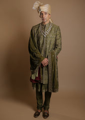 Mehendi Elegance Sherwani Set with Velvet Dupatta
