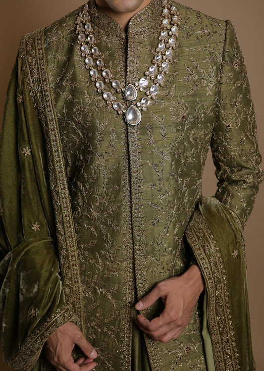 Mehendi Elegance Sherwani Set with Velvet Dupatta