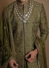 Mehendi Elegance Sherwani Set with Velvet Dupatta