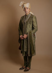 Mehendi Elegance Sherwani Set with Velvet Dupatta
