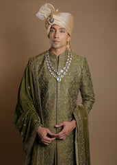 Mehendi Elegance Sherwani Set with Velvet Dupatta