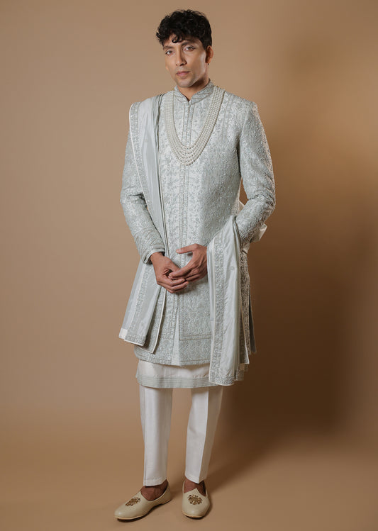 Ocean Mist Embroidered Sherwani Set