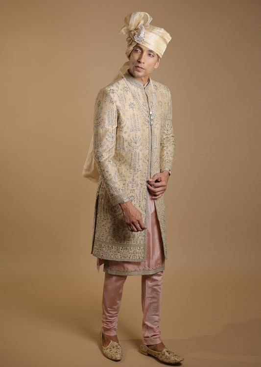 Sun-Kissed Opulence Sherwani Set with Peach Accents