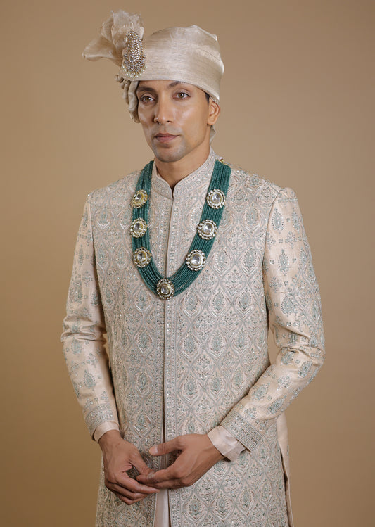 Blush Radiance Sherwani Set with Peach Kurta & Dupatta