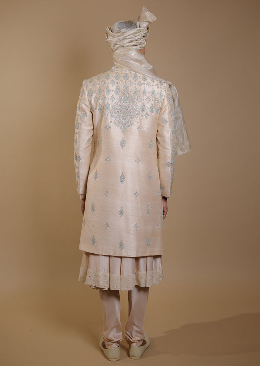 Blush Radiance Sherwani Set with Peach Kurta & Dupatta