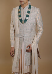 Blush Radiance Sherwani Set with Peach Kurta & Dupatta