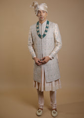 Blush Radiance Sherwani Set with Peach Kurta & Dupatta