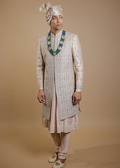 Blush Radiance Sherwani Set with Peach Kurta & Dupatta
