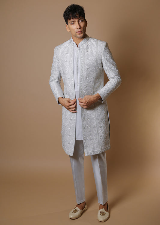 Ashen Elegance Sherwani Set with Kurta & Trousers