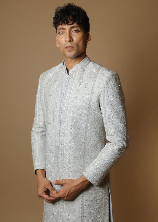 Ashen Elegance Sherwani Set with Kurta & Trousers