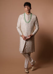Ivory raw silk embroidered half-work sherwani with trousers