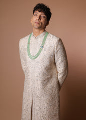 Ivory raw silk embroidered half-work sherwani with trousers