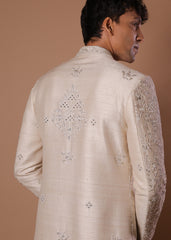 Ivory raw silk embroidered half-work sherwani with trousers