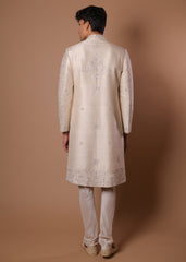 Ivory raw silk embroidered half-work sherwani with trousers