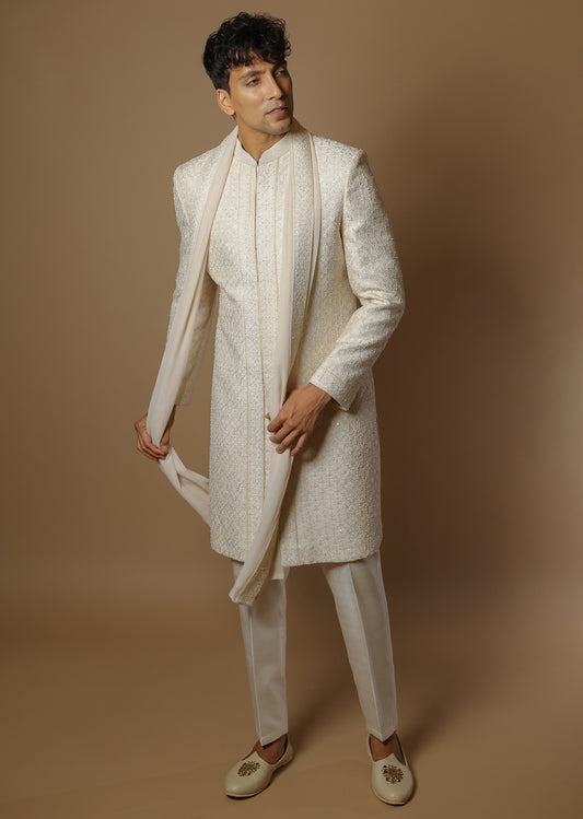 Blush Aura Sherwani Set with Trousers & Dupatta