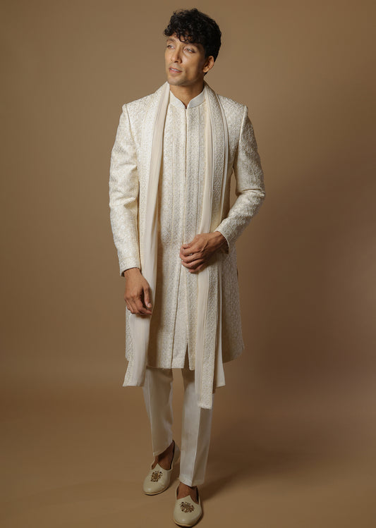 Blush Aura Sherwani Set with Trousers & Dupatta