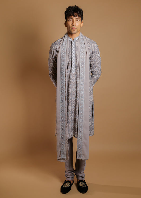 Silver Mist Embroidered Kurta Set with Dupatta & Trousers