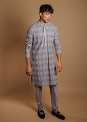 Silver Mist Embroidered Kurta Set with Dupatta & Trousers