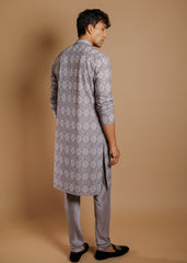Silver Mist Embroidered Kurta Set with Dupatta & Trousers