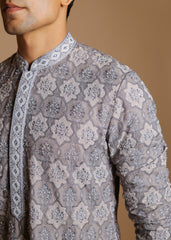 Silver Mist Embroidered Kurta Set with Dupatta & Trousers