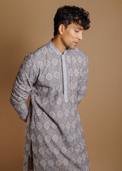 Silver Mist Embroidered Kurta Set with Dupatta & Trousers