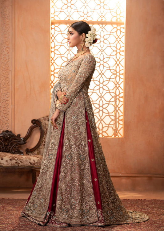 Gold And Maroon Mughal Anarkali Lehenga Set