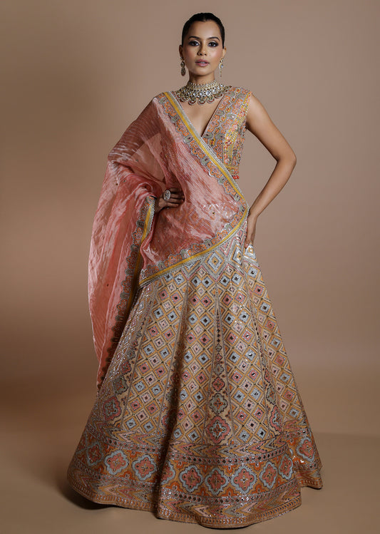 Peach & Gold Embroidered Designer Lehenga Set