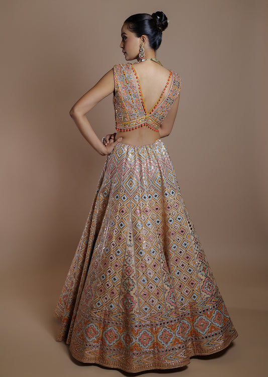Peach & Gold Embroidered Designer Lehenga Set