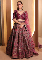 Wine Maroon Antique Gold & Red Embroidered Lehenga with Soft Pink Organza Dupatta – Noorani