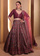 Wine Maroon Antique Gold & Red Embroidered Lehenga with Soft Pink Organza Dupatta – Noorani