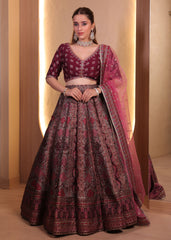 Wine Maroon Antique Gold & Red Embroidered Lehenga with Soft Pink Organza Dupatta – Noorani