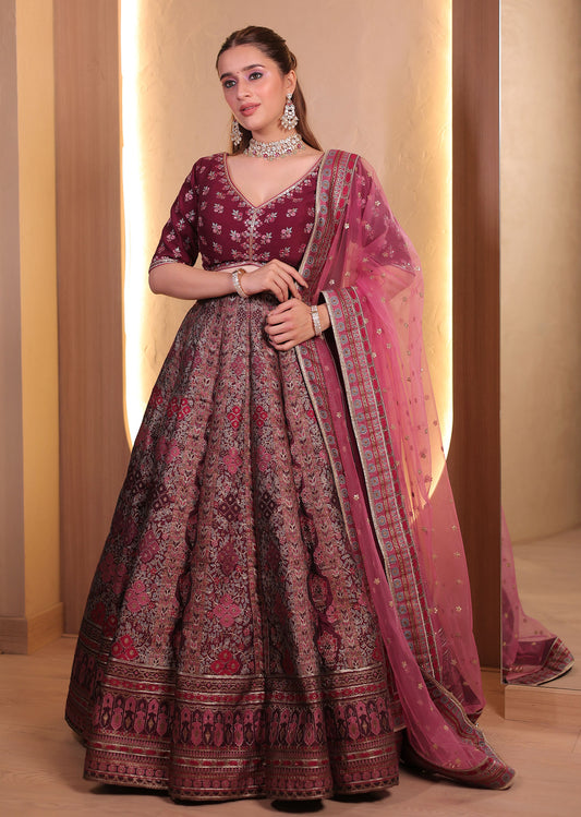 Wine Maroon Antique Gold & Red Embroidered Lehenga with Soft Pink Organza Dupatta – Noorani
