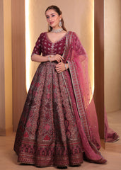 Wine Maroon Antique Gold & Red Embroidered Lehenga with Soft Pink Organza Dupatta – Noorani